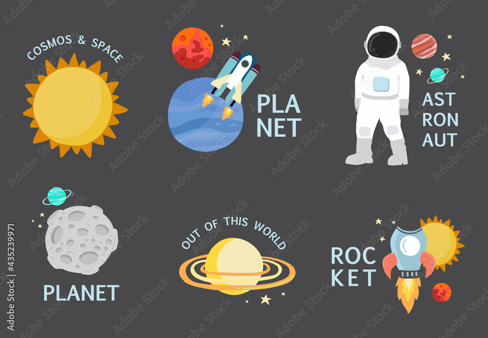 宇航员、太阳、月亮、恒星、火箭的太空物体集。可编辑矢量插图f