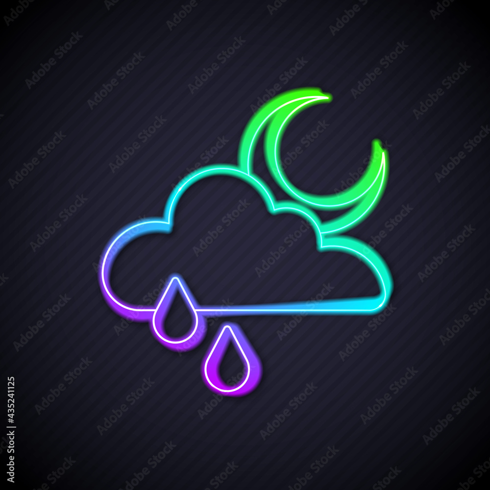 Glowing neon line Cloud with rain and moon icon isolated on black background. Rain cloud precipitati