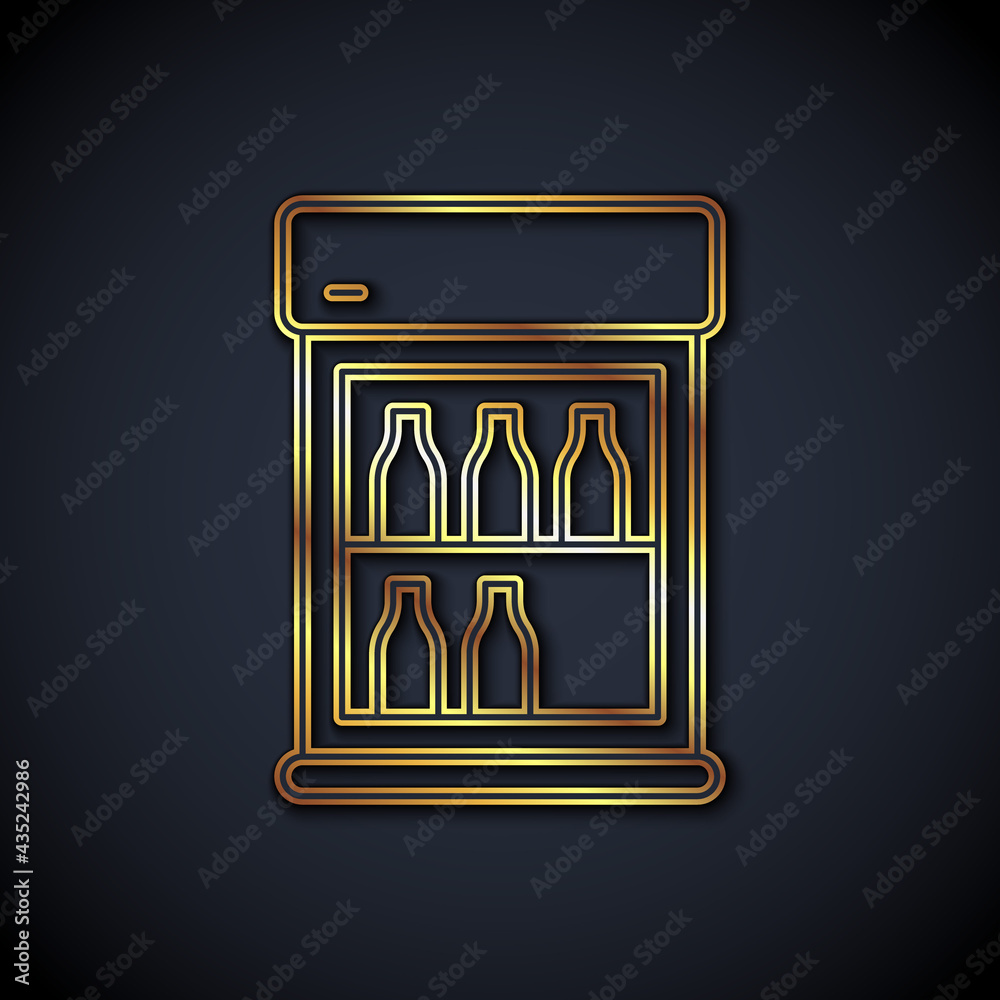 Gold line Commercial refrigerator to store drinks icon isolated on black background. Perishables for