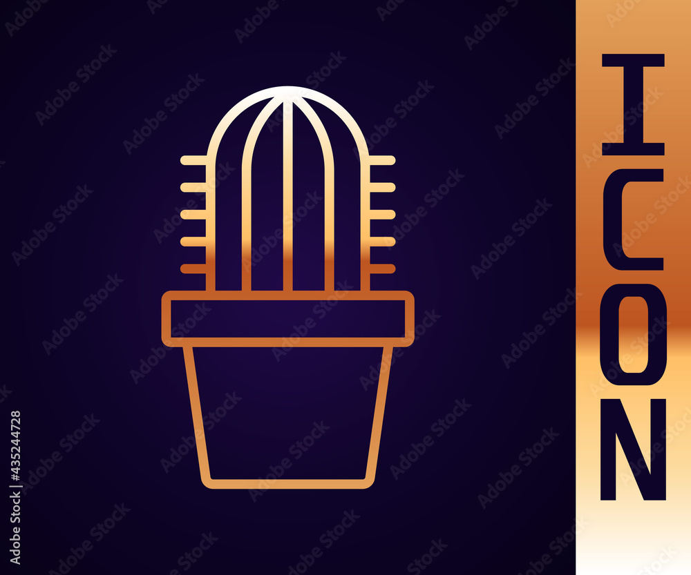 Gold line Cactus peyote in pot icon isolated on black background. Plant growing in a pot. Potted pla