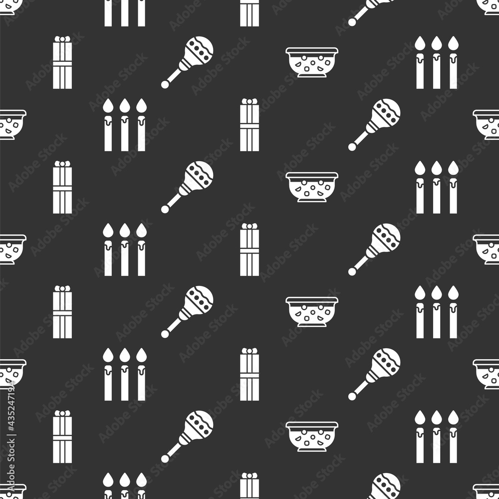 Set Mixed punch in bowl, Birthday cake candles, Gift box and Maracas on seamless pattern. Vector