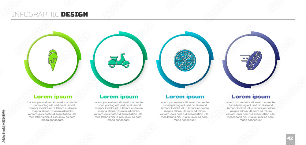 套装冰淇淋、滑板车配送、披萨和在线订购热狗。商业信息图模板。Ve