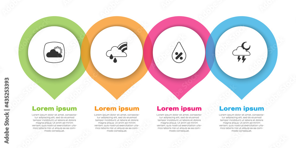 设置天气预报、有云有雨的彩虹、水滴百分比和风暴。商业信息图表