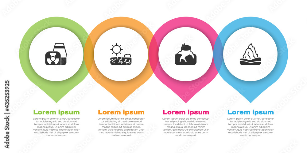 设置核电站、干旱、森林砍伐和冰山。商业信息图模板。矢量