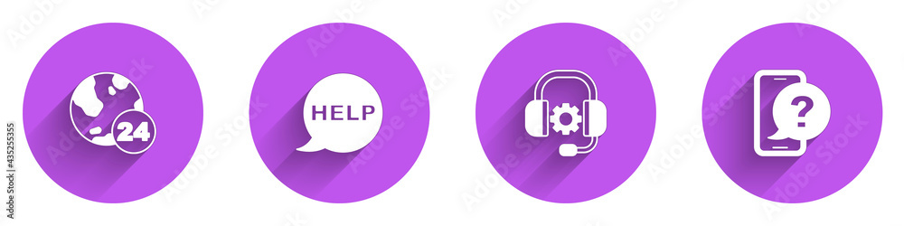 Set Telephone 24 hours support, Speech bubble with text Help, Headphones and icon with long shadow. 