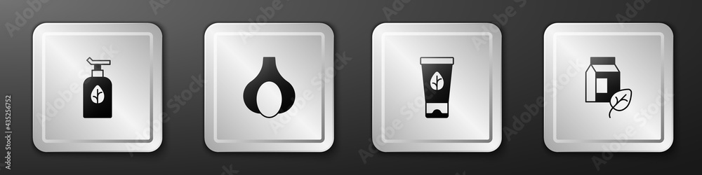 Set Organic cosmetic, Garlic, and Vegan milk icon. Silver square button. Vector