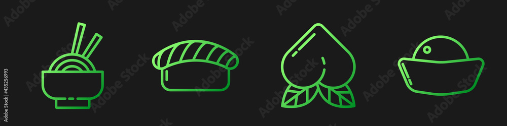 Set line Peach fruit, Asian noodles in bowl, Sushi and Sushi. Gradient color icons. Vector