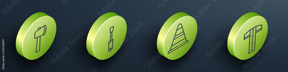 Set Isometric Wooden axe, Screwdriver, Traffic cone and T-square line icon. Vector