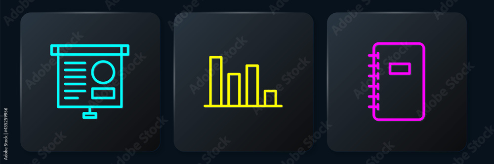 Set line Chalkboard with diagram, Spiral notebook and Pie chart infographic. Black square button. Ve