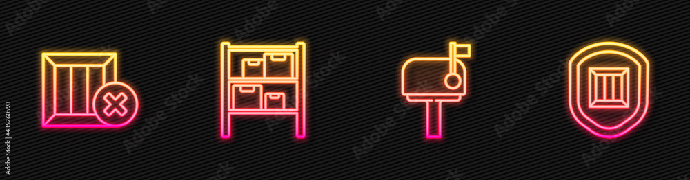 Set line Mail box, Wooden and delete, Warehouse and Delivery security with shield. Glowing neon icon