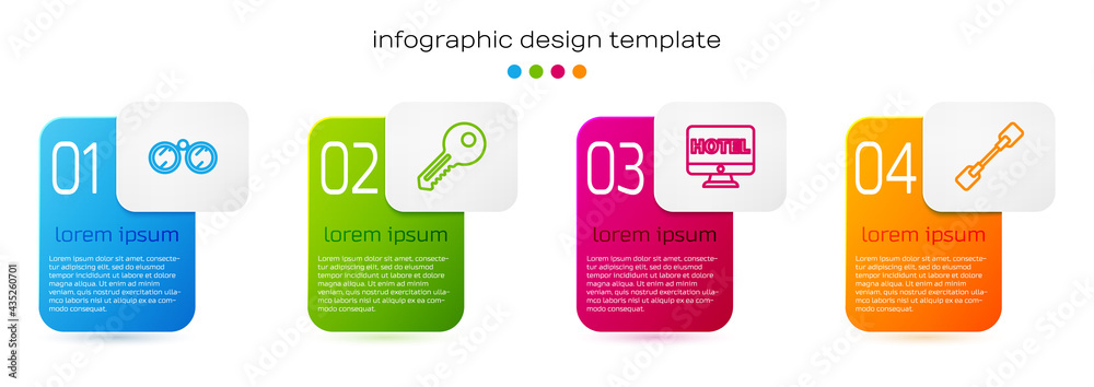 Set line Binoculars, Key, Online hotel booking and Paddle. Business infographic template. Vector