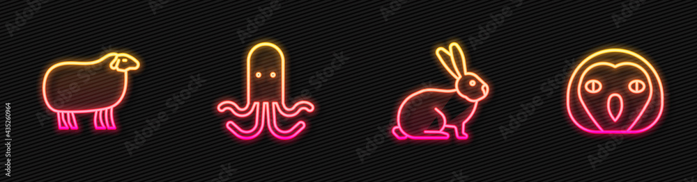 Set line Rabbit, Sheep, Octopus and Owl bird. Glowing neon icon. Vector