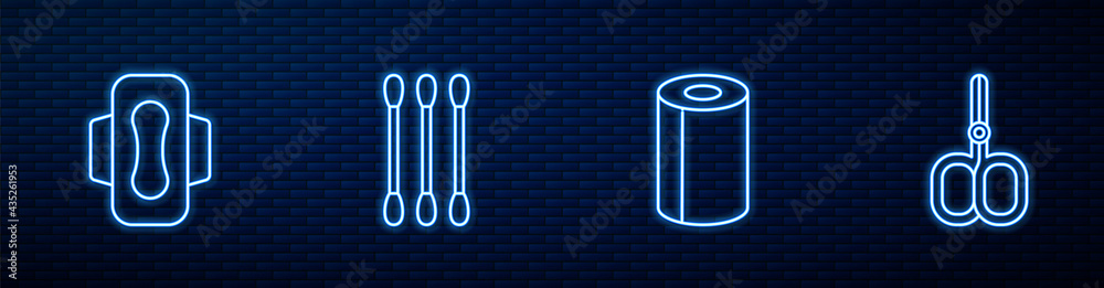 Set line Paper towel roll, Sanitary napkin, Cotton swab for ears and Nail scissors. Glowing neon ico