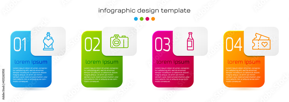 Set line Bottle with love potion, Photo camera, Wine bottle and Love ticket. Business infographic te