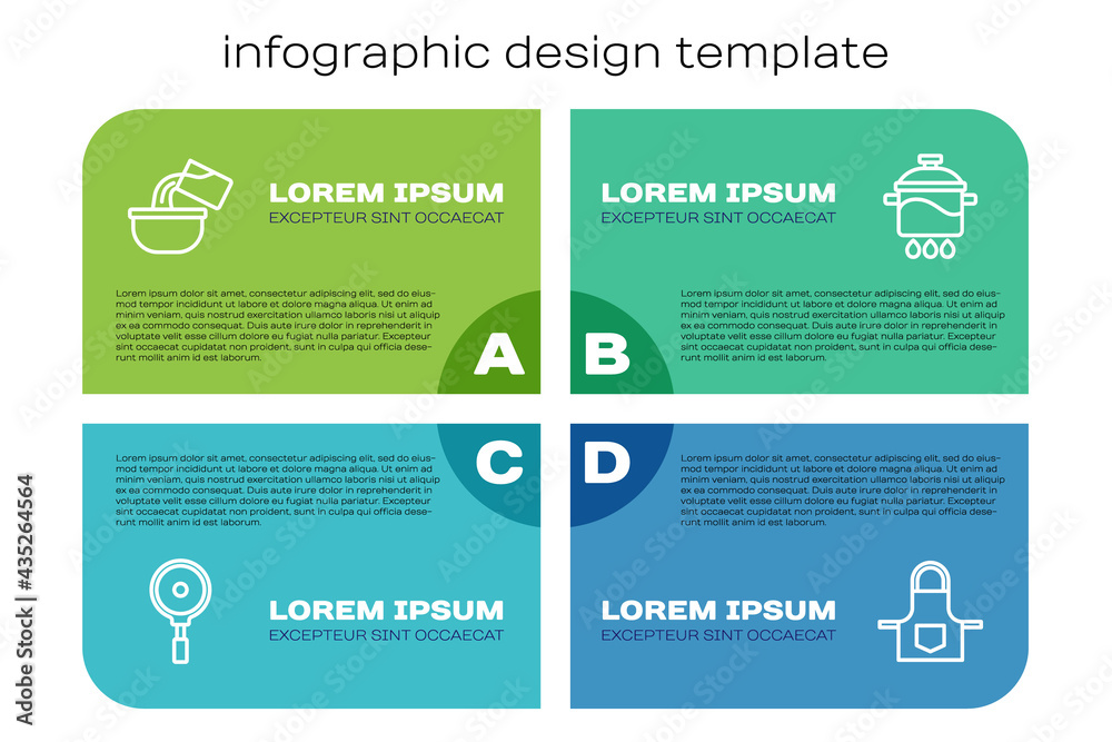 套装煎锅、炒菜盘、厨房围裙和烹饪锅。商业信息图模板。Vector