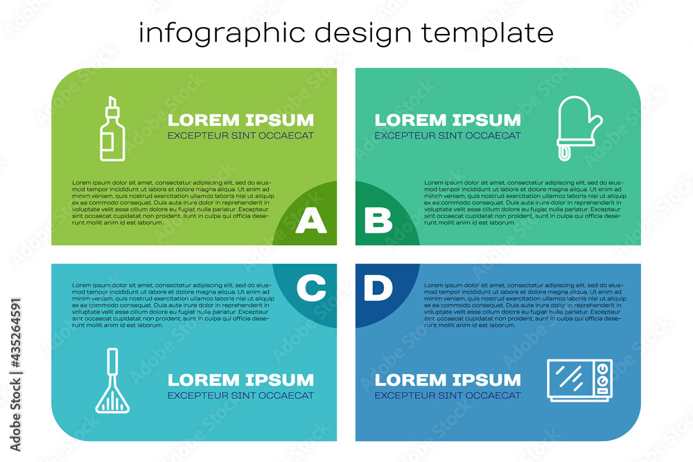 套装烧烤抹刀、橄榄油瓶、微波炉和烤箱手套。商业信息图