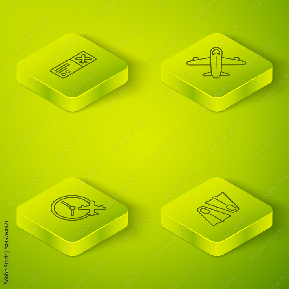 Set Isometric line Plane, Clock with airplane, Rubber flippers for swimming and Airline ticket icon.