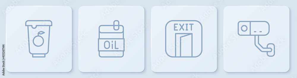 设置酸奶容器、消防出口、橄榄油瓶和安全摄像头。白色方形按钮。