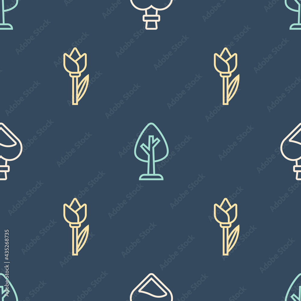 Set line Bottle with love potion, Flower tulip and Forest on seamless pattern. Vector