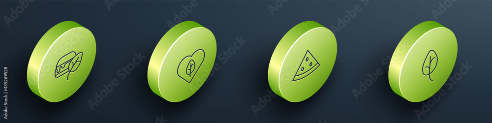 Set Isometric line Vegan food diet, , Watermelon and Leaf or leaves icon. Vector