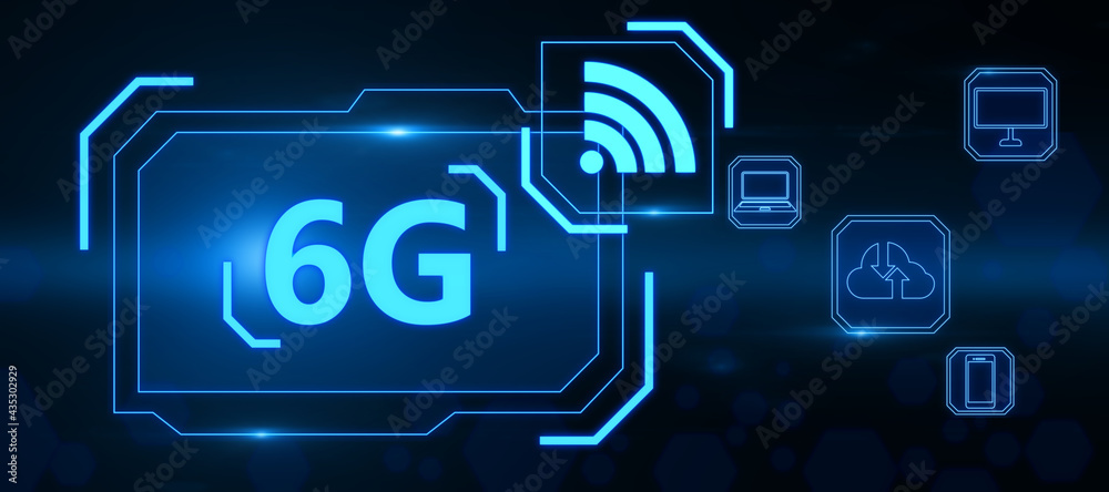 6g blue hologram logo with wifi logotype, internet technology and wireless communication concept, 3d