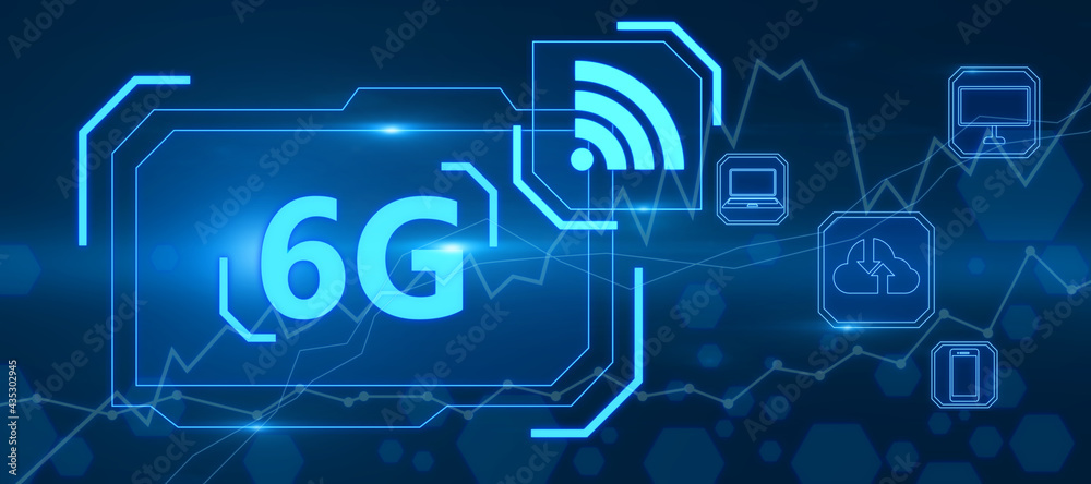 6g blue hologram logo with wifi logotype, internet wireless technology concept, 3d rendering