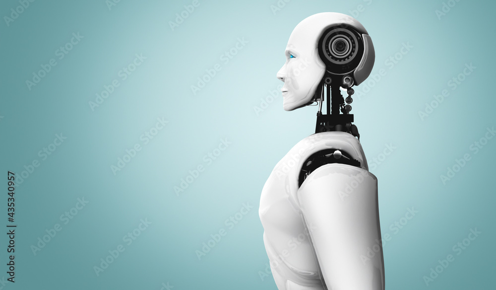 Standing humanoid robot looking forward on clean background 3D illustration