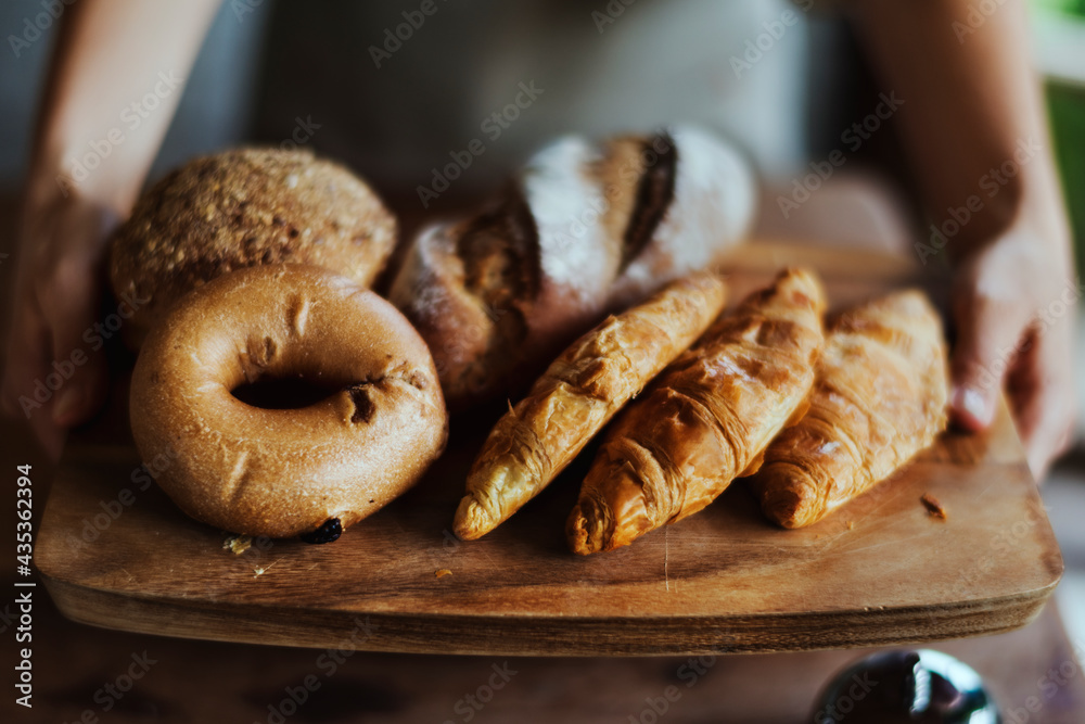 Closeup of fresh baked bread in bakery shop