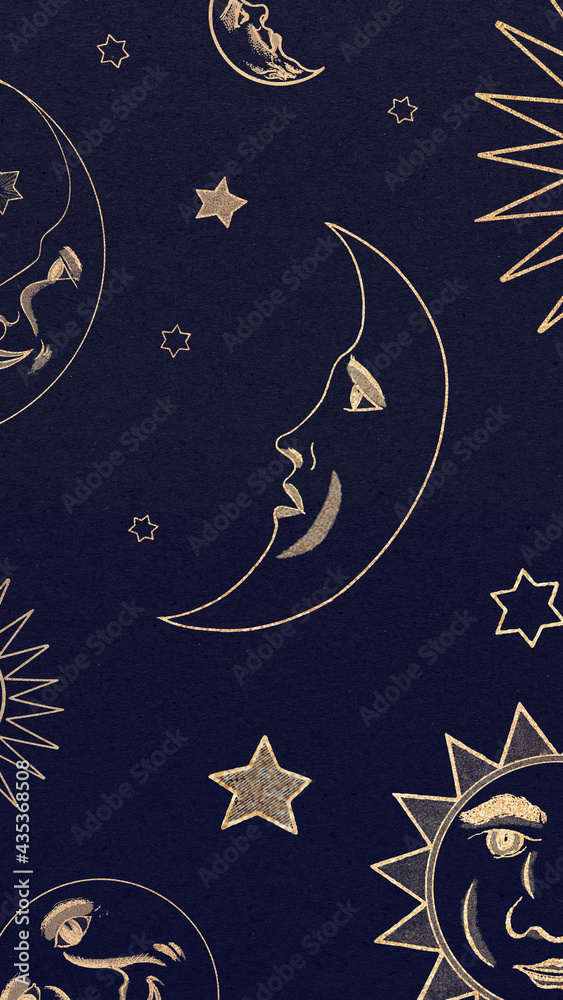 Gold celestial sun, moon and stars pattern on black background design element