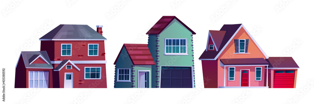 Suburban street, home rural country buildings isolated cartoon icons. Vector condominium apartments 