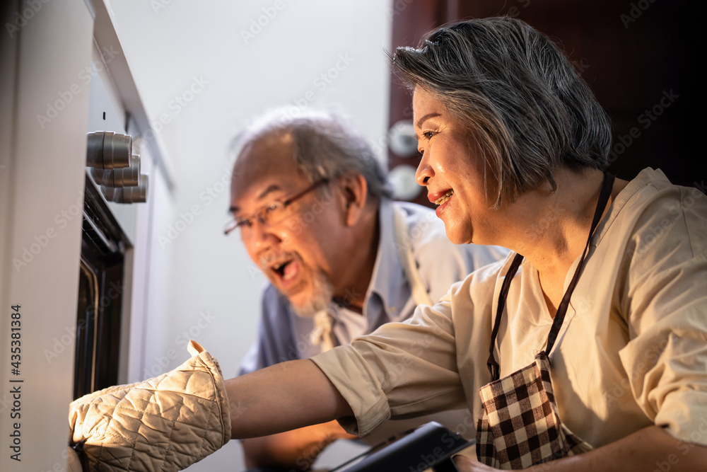 Asian senior woman enjoy cooking, baking pizza by using oven at home.