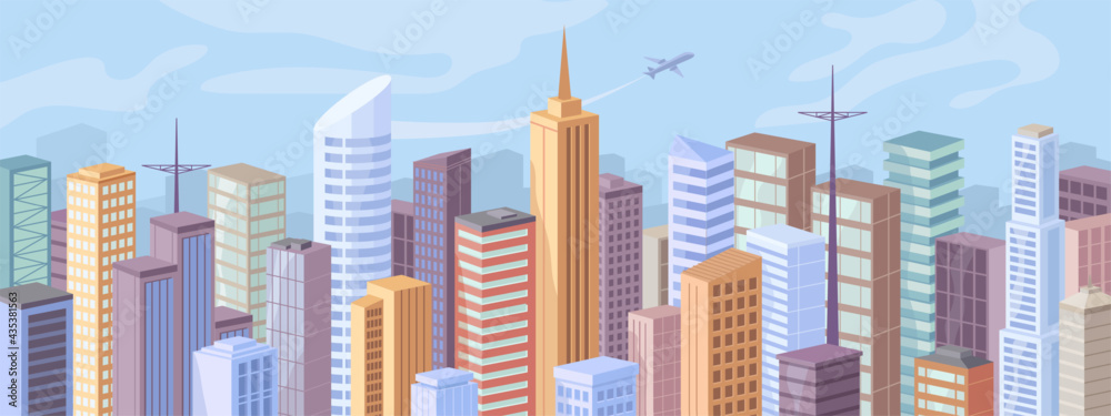 Downtown at day, facade exteriors of urban buildings, flat cartoon design. Vector modern city panora