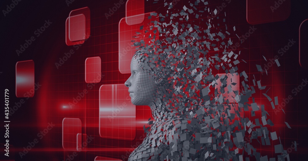 Composition of exploding human bust formed with grey particles and red screens in background