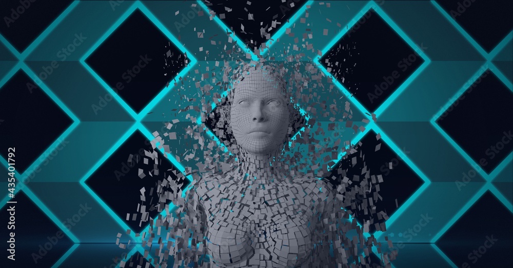 Composition of exploding human bust formed with grey particles and green diamonds in background