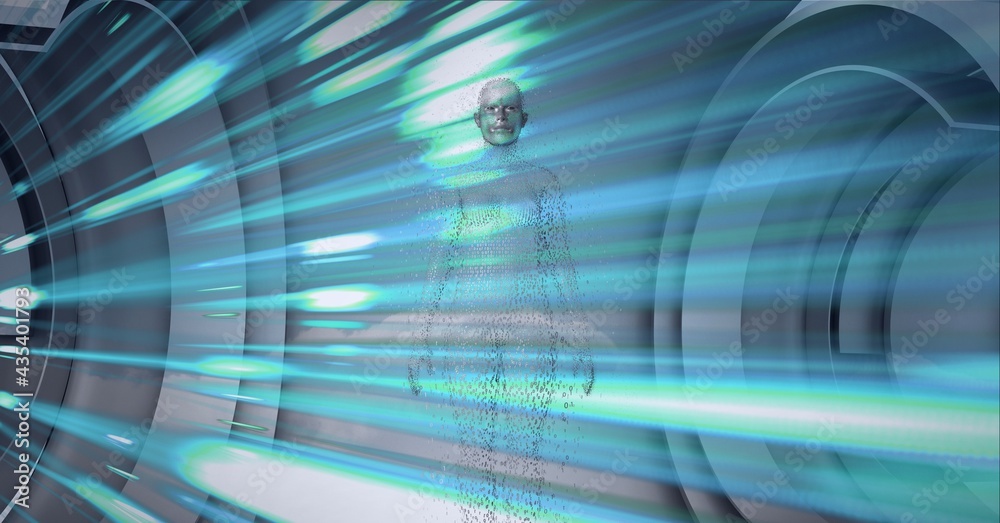 Composition of exploding human bust formed with grey particles and blue light trails