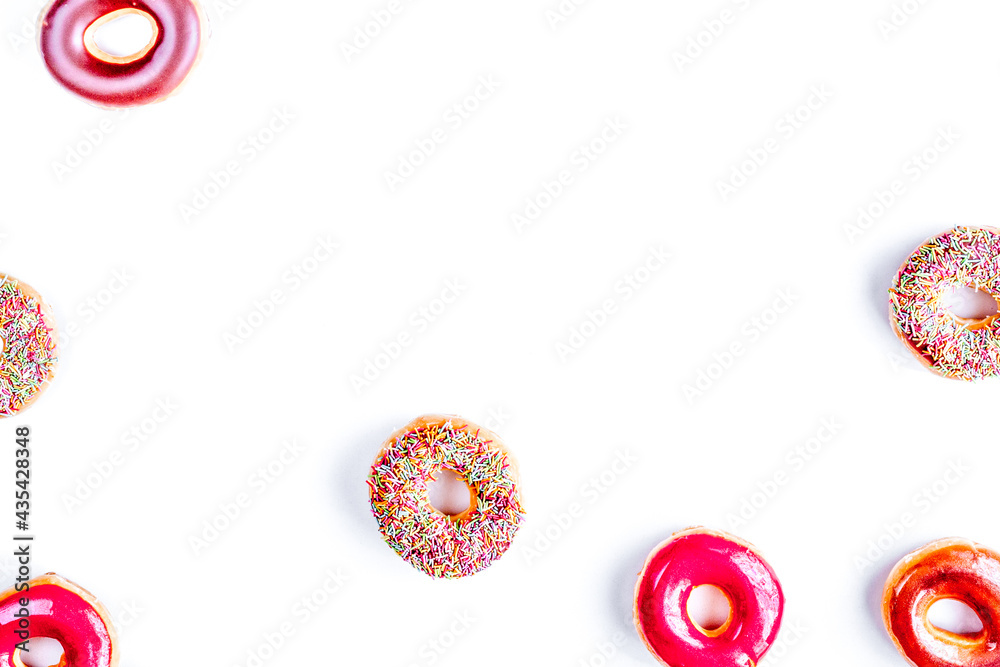 lunch with donuts on white table background top view mock up