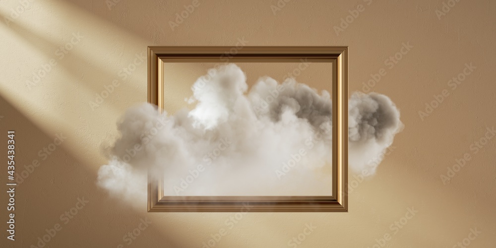 3d render. White fluffy cloud flies through the golden frame, isolated on beige background. Modern m