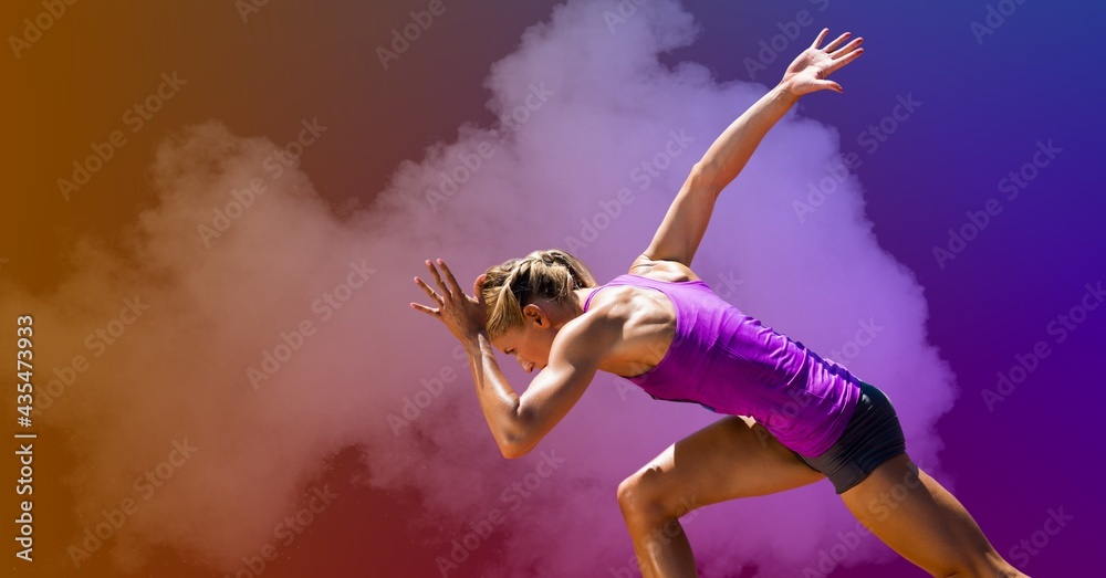 Composition of athletic woman running over smoke on colorful background