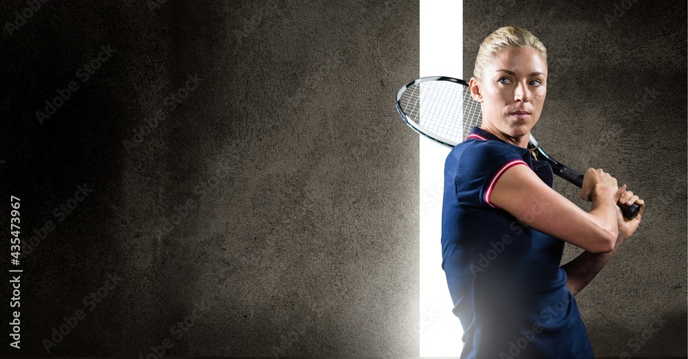 Composition of athletic female tennis player on dark background