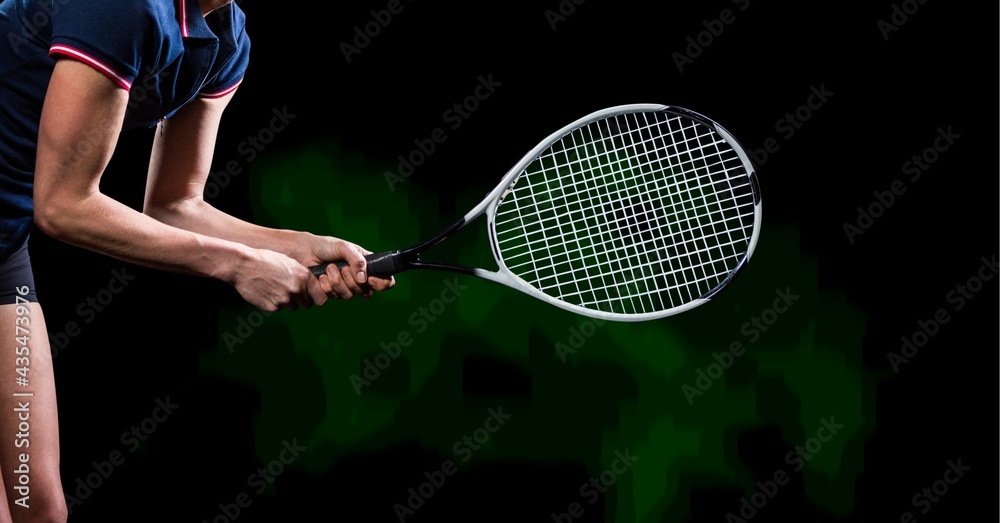 Composition of athletic female tennis player on black background