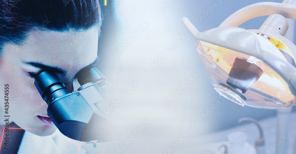 Composition of caucasian female scientist and lamp with motion blur