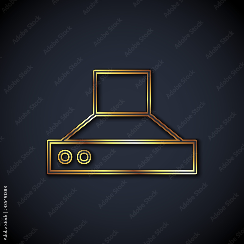 Gold line Kitchen extractor fan icon isolated on black background. Cooker hood. Kitchen exhaust. Hou