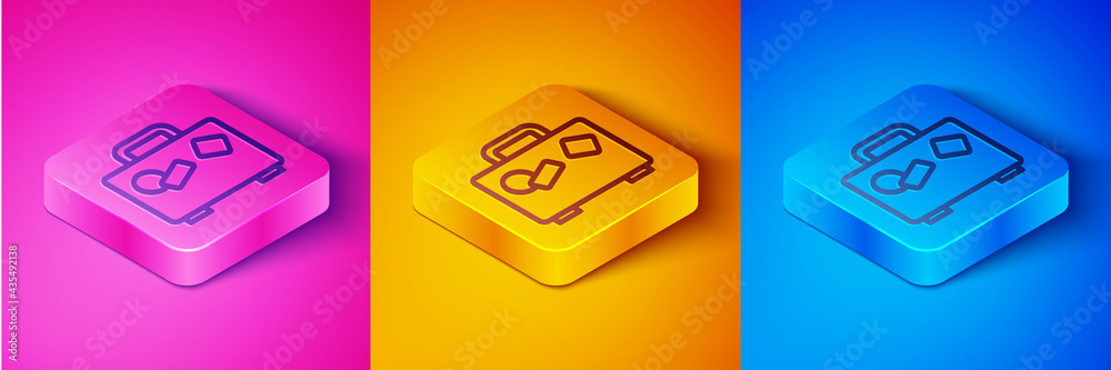 Isometric line Suitcase for travel icon isolated on pink and orange, blue background. Traveling bagg