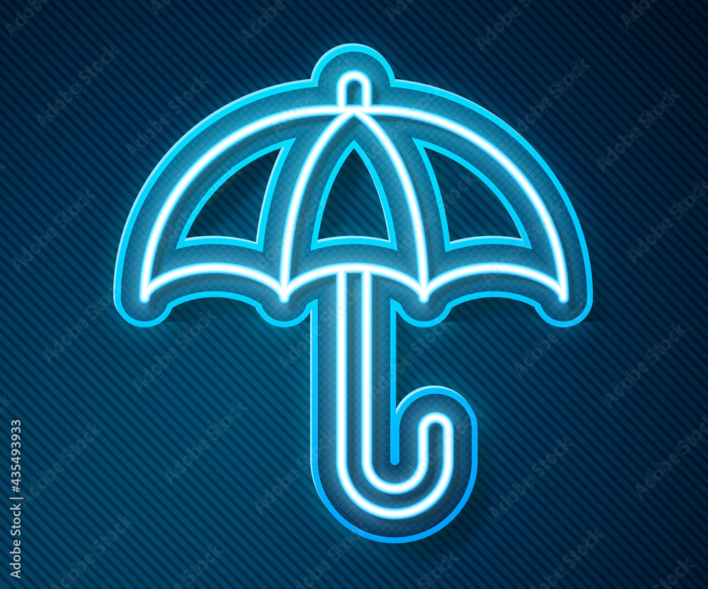 Glowing neon line Classic elegant opened umbrella icon isolated on blue background. Rain protection 