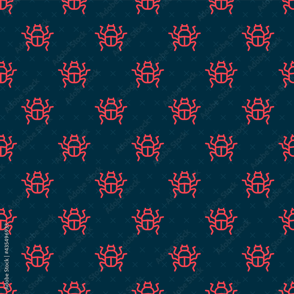 Red line Beetle bug icon isolated seamless pattern on black background. Vector