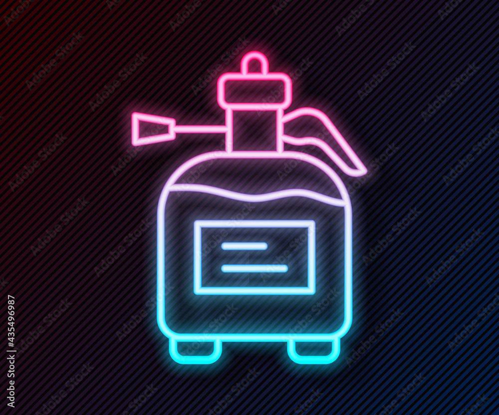 Glowing neon line Garden sprayer for water, fertilizer, chemicals icon isolated on black background.