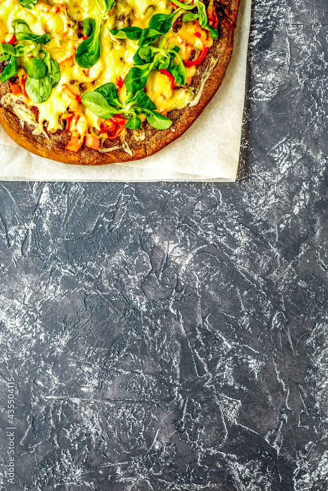 restaurant kitchen with pizza preparing on stone background top view mock up