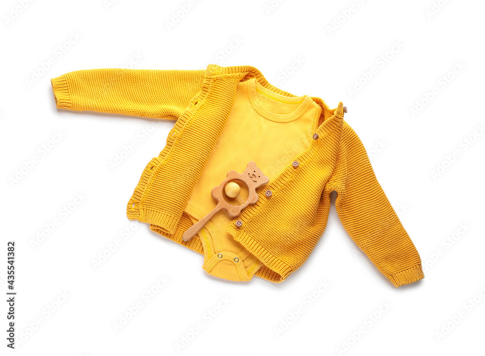 Set of baby clothes on white background