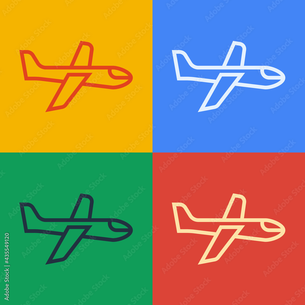 Pop art line Plane icon isolated on color background. Flying airplane icon. Airliner sign. Vector