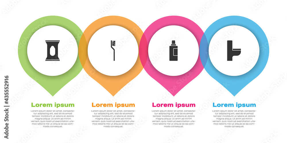 Set Wet wipe pack, Toothbrush, Bottle for cleaning agent and Toilet bowl. Business infographic templ